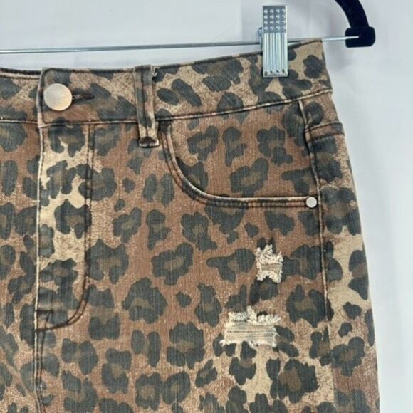 Gianni Bini Cheetah Print Distressed Denim Pencil Skirt Cut Off Small Y2K - Picture 2 of 11